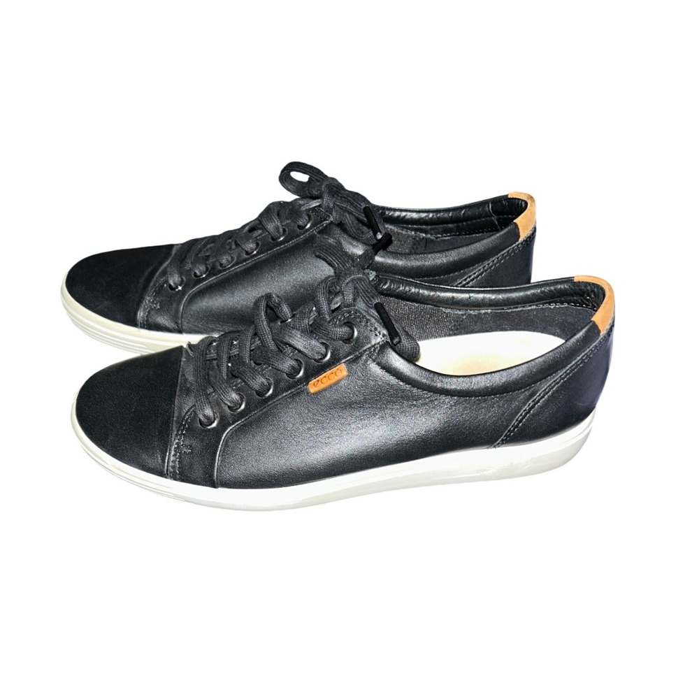ECCO Soft Black Leather Low Top Sneakers Lace Up Shoes Size 40 - Picture 5 of 7